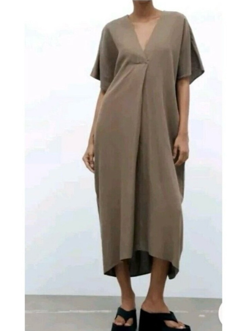 ZARA Linen Lyocell Tunic Dress with Pleats Khaki Kaltan 4877 Size Large